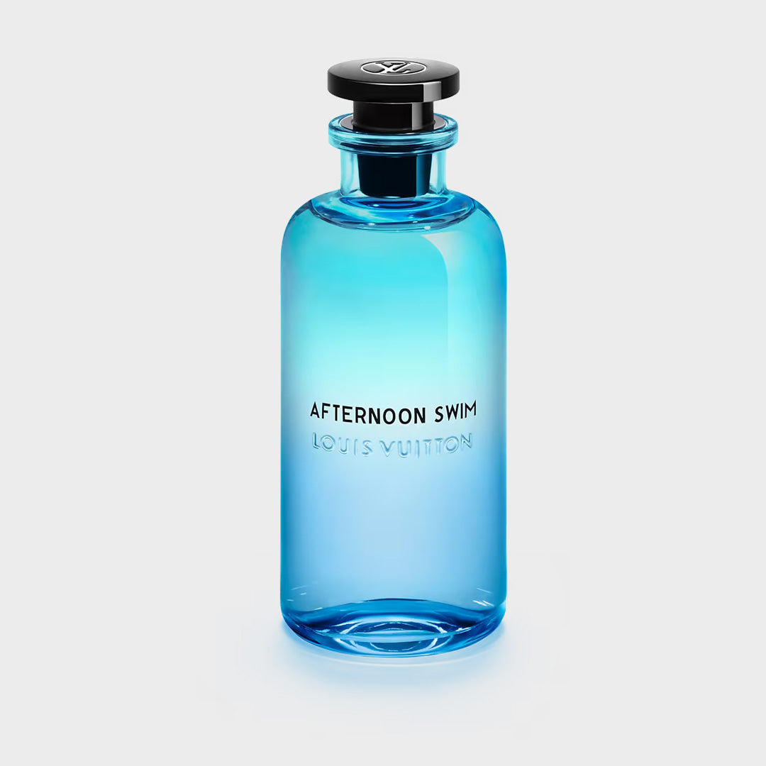 Blue perfume bottle labeled 'Afternoon Swim' by Louis Vuitton on a light gray background