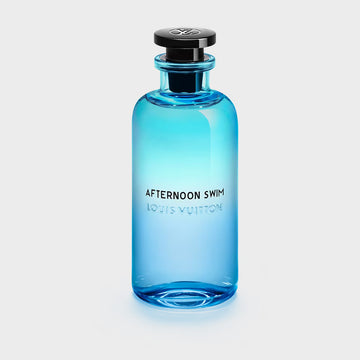 Blue perfume bottle labeled 'Afternoon Swim' by Louis Vuitton on a light gray background
